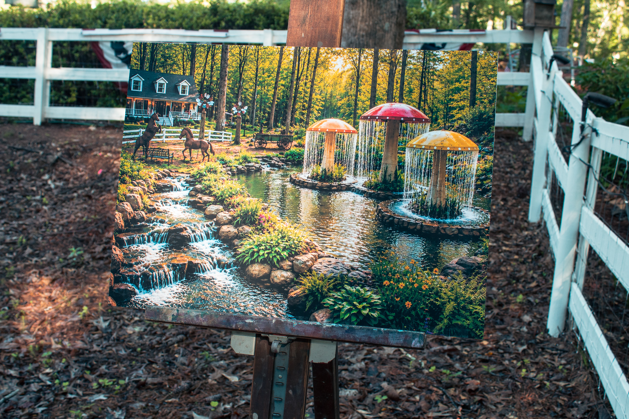 Waterfall garden artwork on an easel