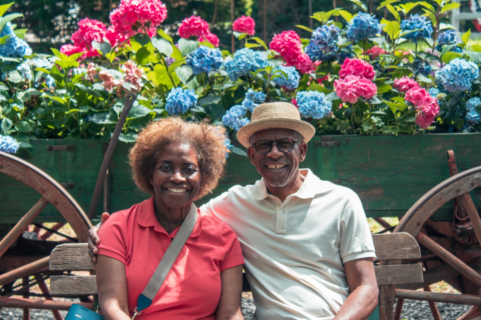 Couple enjoying the hydrangea blooms