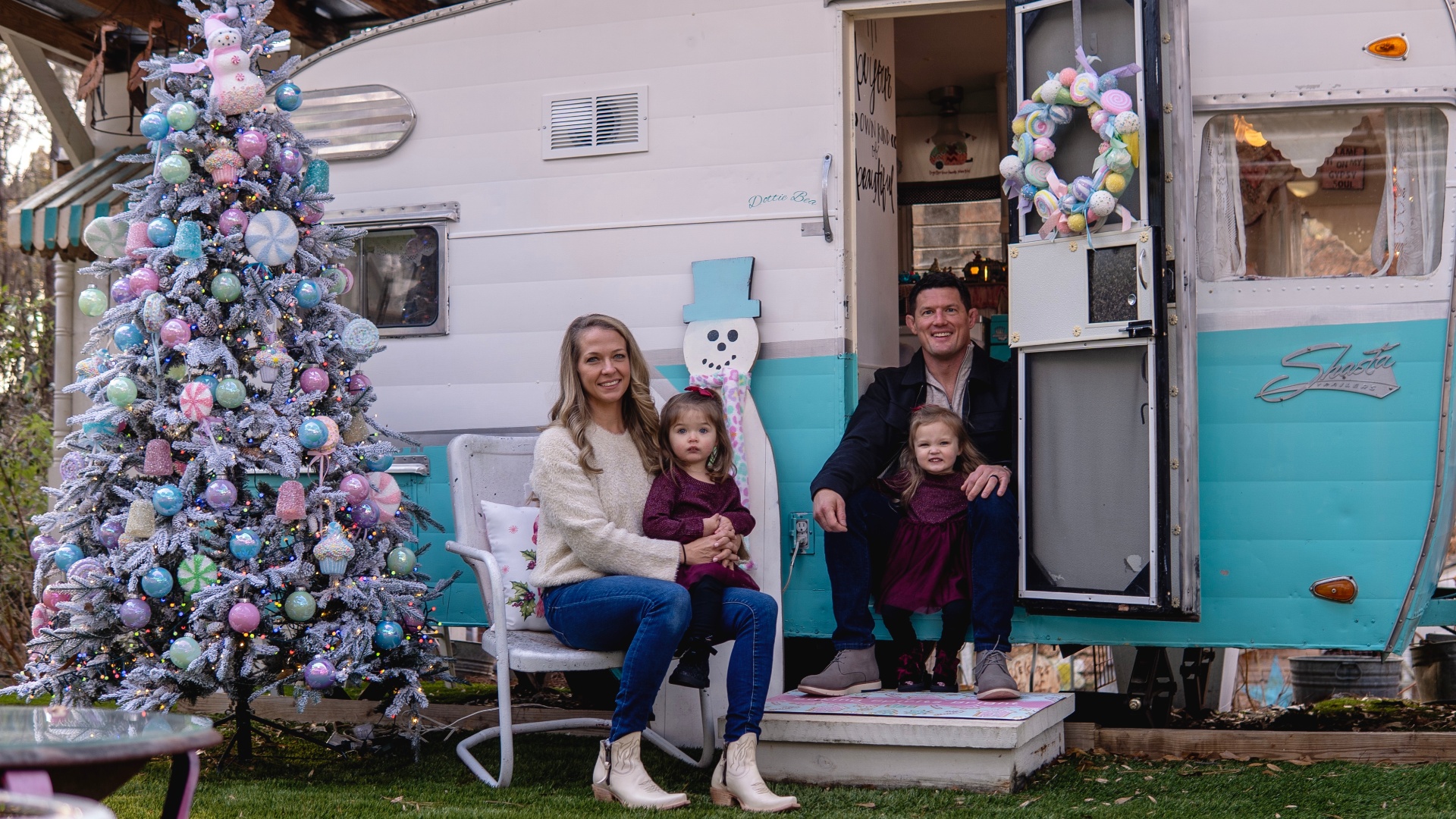 Family at the vintage camper